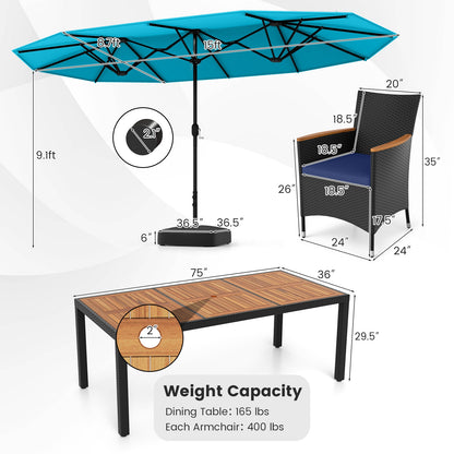 10 Piece Outdoor Patio Dining Set, 15 Feet Double-Sided Twin Umbrella, Turquoise Patio Dining Sets at Gallery Canada