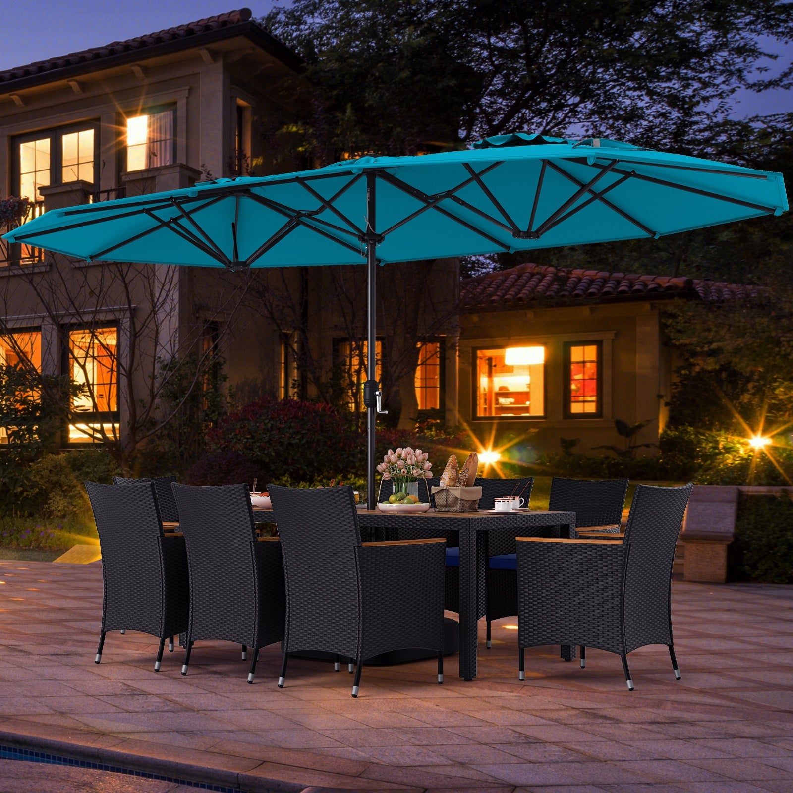 10 Piece Outdoor Patio Dining Set, 15 Feet Double-Sided Twin Umbrella, Turquoise Patio Dining Sets at Gallery Canada