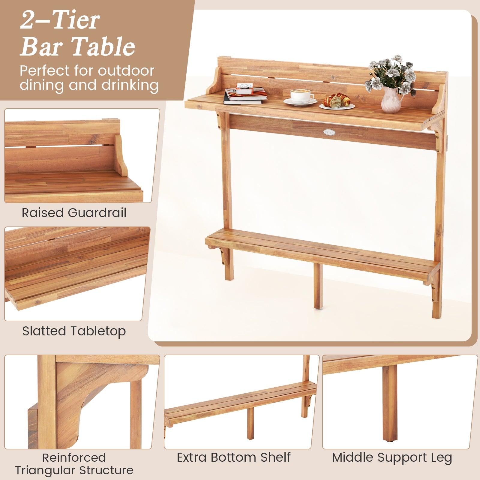 3 Pieces Patio Acacia Wood Bar Table Set with Footrest Curved Wood Seat, Natural Patio Bar Furniture at Gallery Canada