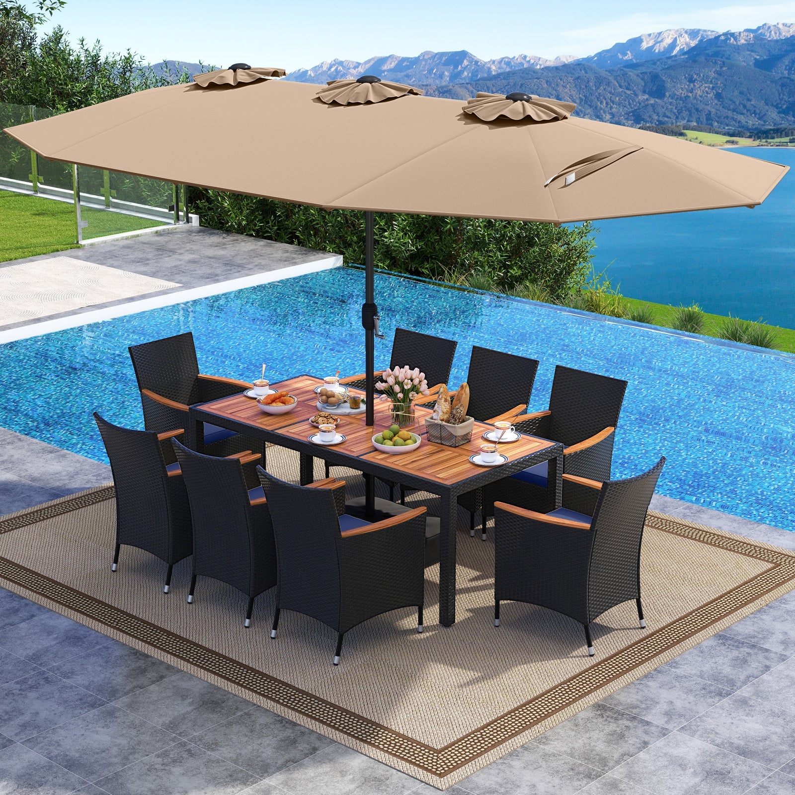 10 Piece Outdoor Patio Dining Set, 15 Feet Double-Sided Umbrella, Brown Patio Dining Sets at Gallery Canada