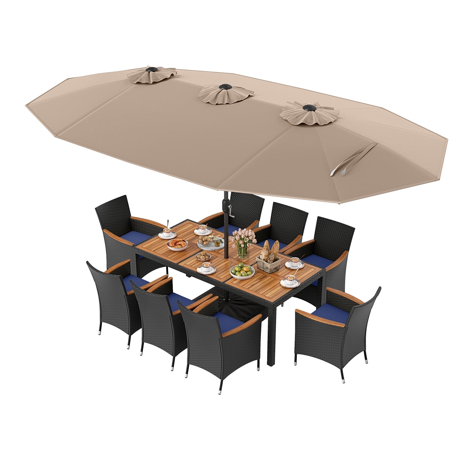 10 Piece Outdoor Patio Dining Set, 15 Feet Double-Sided Umbrella, Brown Patio Dining Sets Brown at Gallery Canada