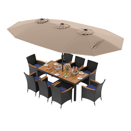 10 Piece Outdoor Patio Dining Set, 15 Feet Double-Sided Umbrella, Brown