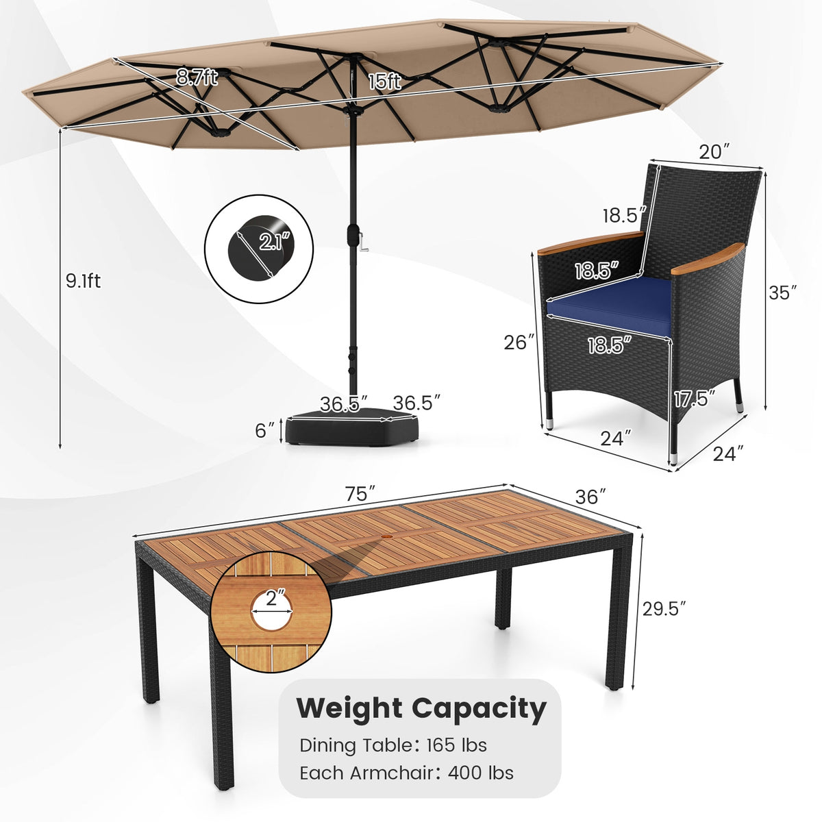10 Piece Outdoor Patio Dining Set, 15 Feet Double-Sided Umbrella, Brown Patio Dining Sets at Gallery Canada