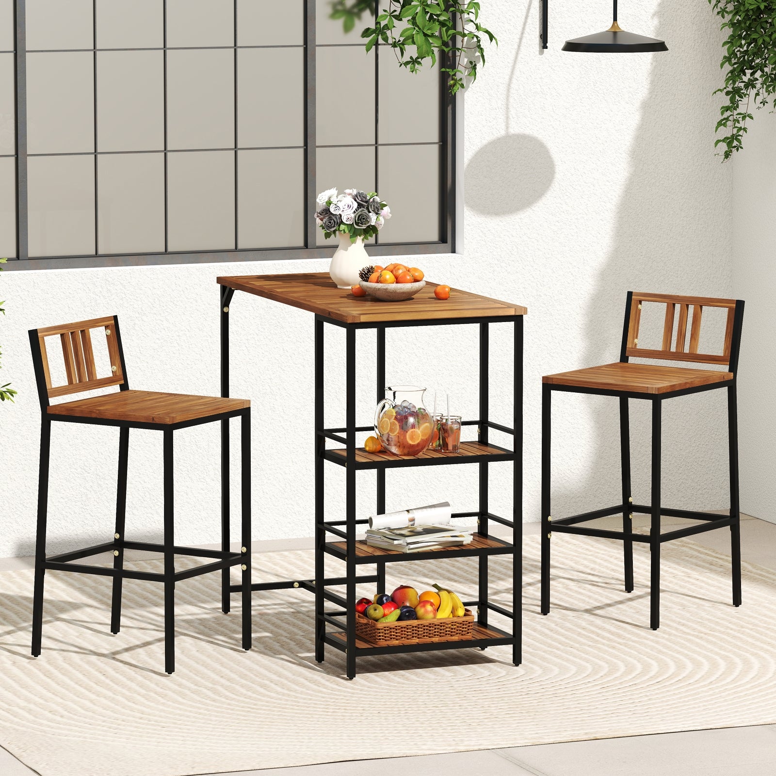3 Pieces Outdoor Wood Bar Set with 3-Tier Storage Shelf and Metal Frame, Brown Patio Bar Furniture at Gallery Canada