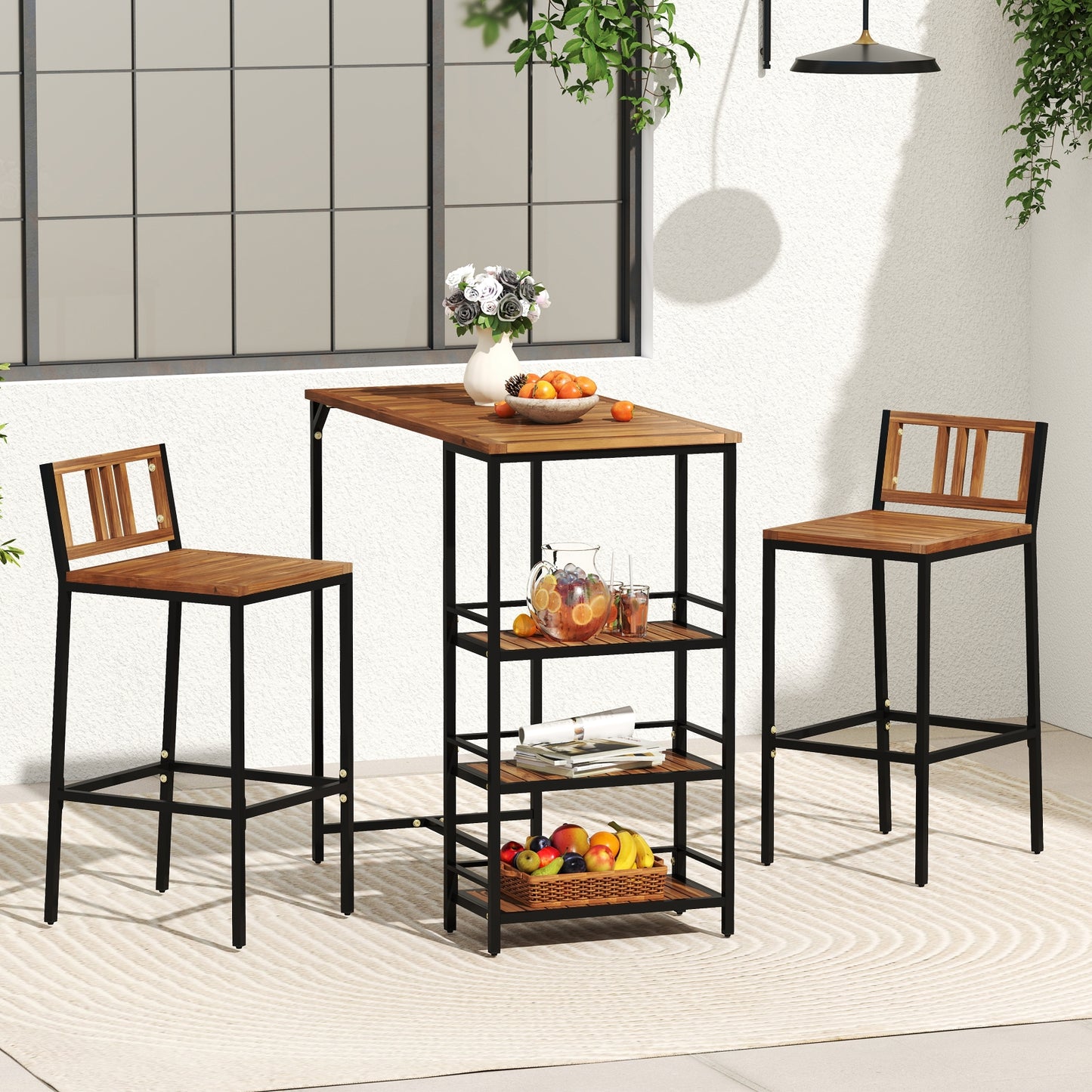 3 Pieces Outdoor Wood Bar Set with 3-Tier Storage Shelf and Metal Frame, Brown Patio Bar Furniture at Gallery Canada