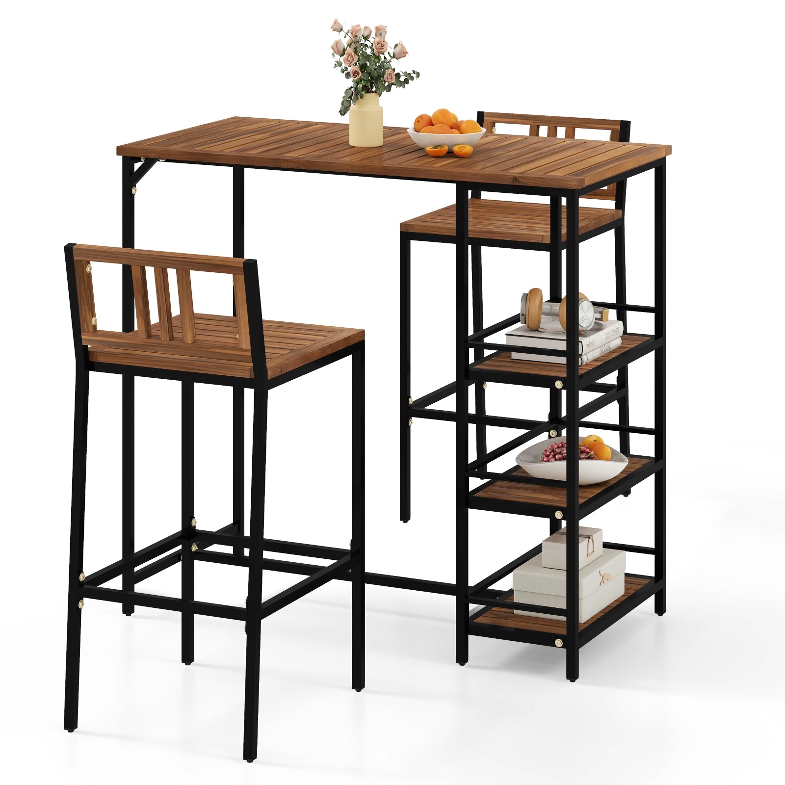 3 Pieces Outdoor Wood Bar Set with 3-Tier Storage Shelf and Metal Frame, Brown Patio Bar Furniture Brown at Gallery Canada