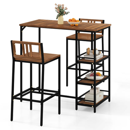 3 Pieces Outdoor Wood Bar Set with 3-Tier Storage Shelf and Metal Frame, Brown Patio Bar Furniture Brown at Gallery Canada