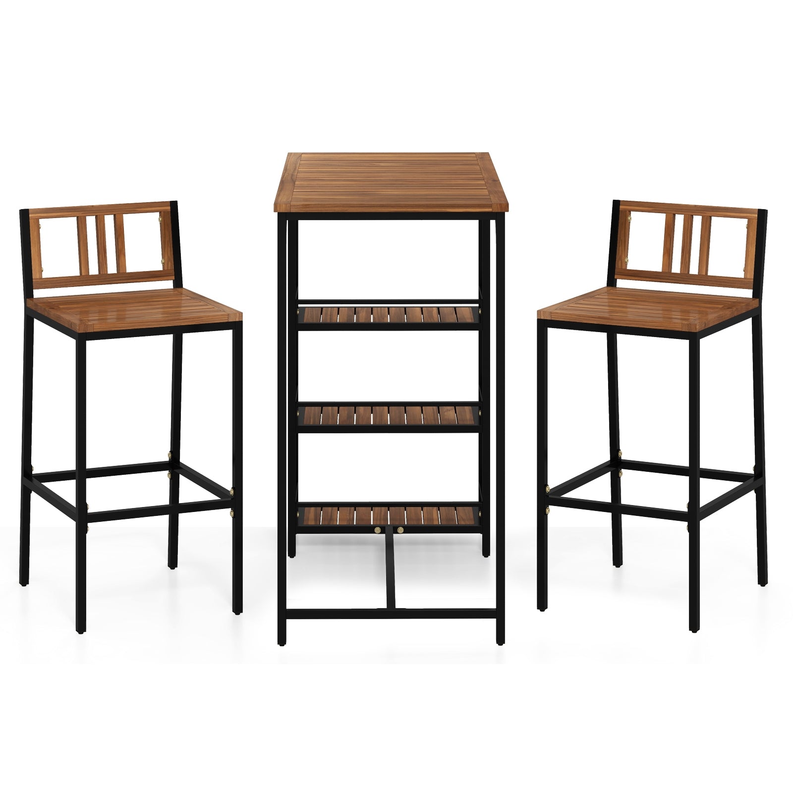 3 Pieces Outdoor Wood Bar Set with 3-Tier Storage Shelf and Metal Frame, Brown Patio Bar Furniture at Gallery Canada