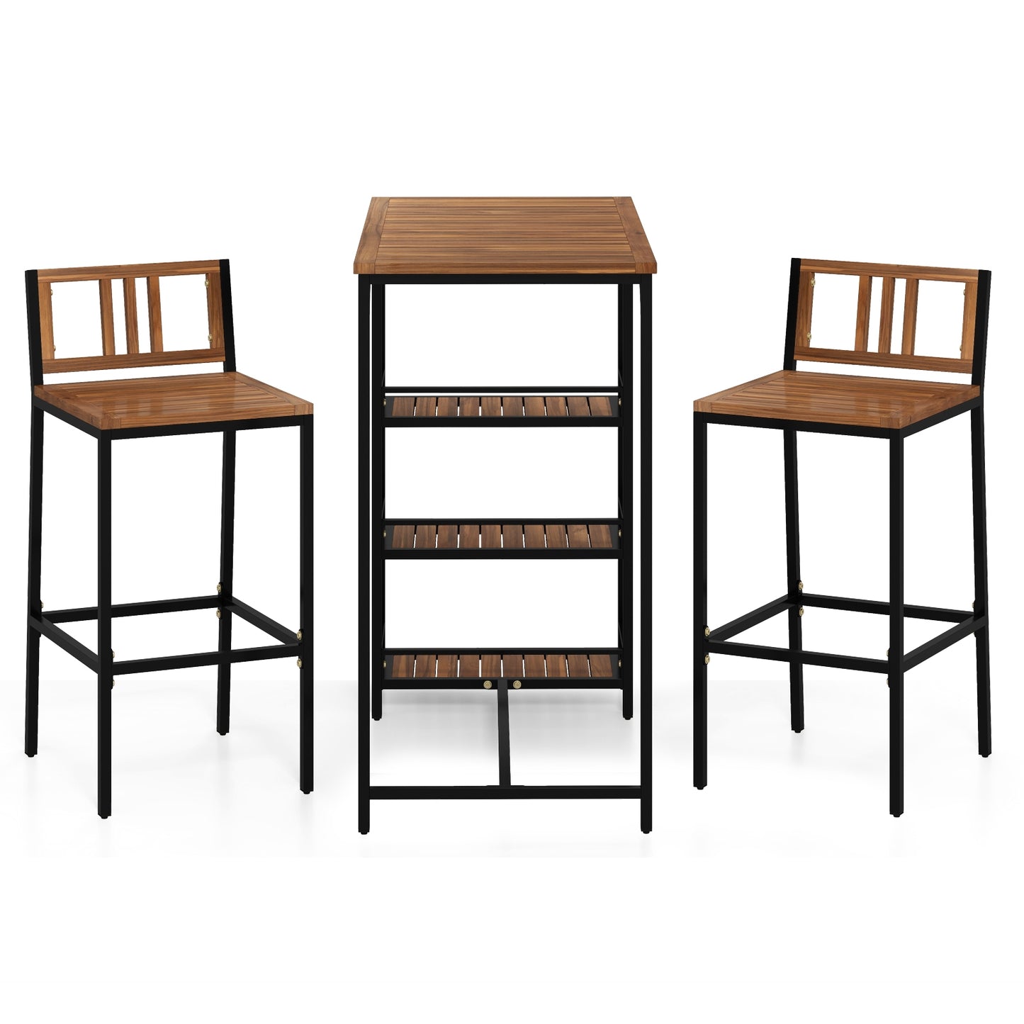 3 Pieces Outdoor Wood Bar Set with 3-Tier Storage Shelf and Metal Frame, Brown Patio Bar Furniture at Gallery Canada