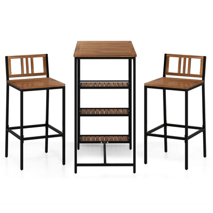 3 Pieces Outdoor Wood Bar Set with 3-Tier Storage Shelf and Metal Frame, Brown Patio Bar Furniture at Gallery Canada