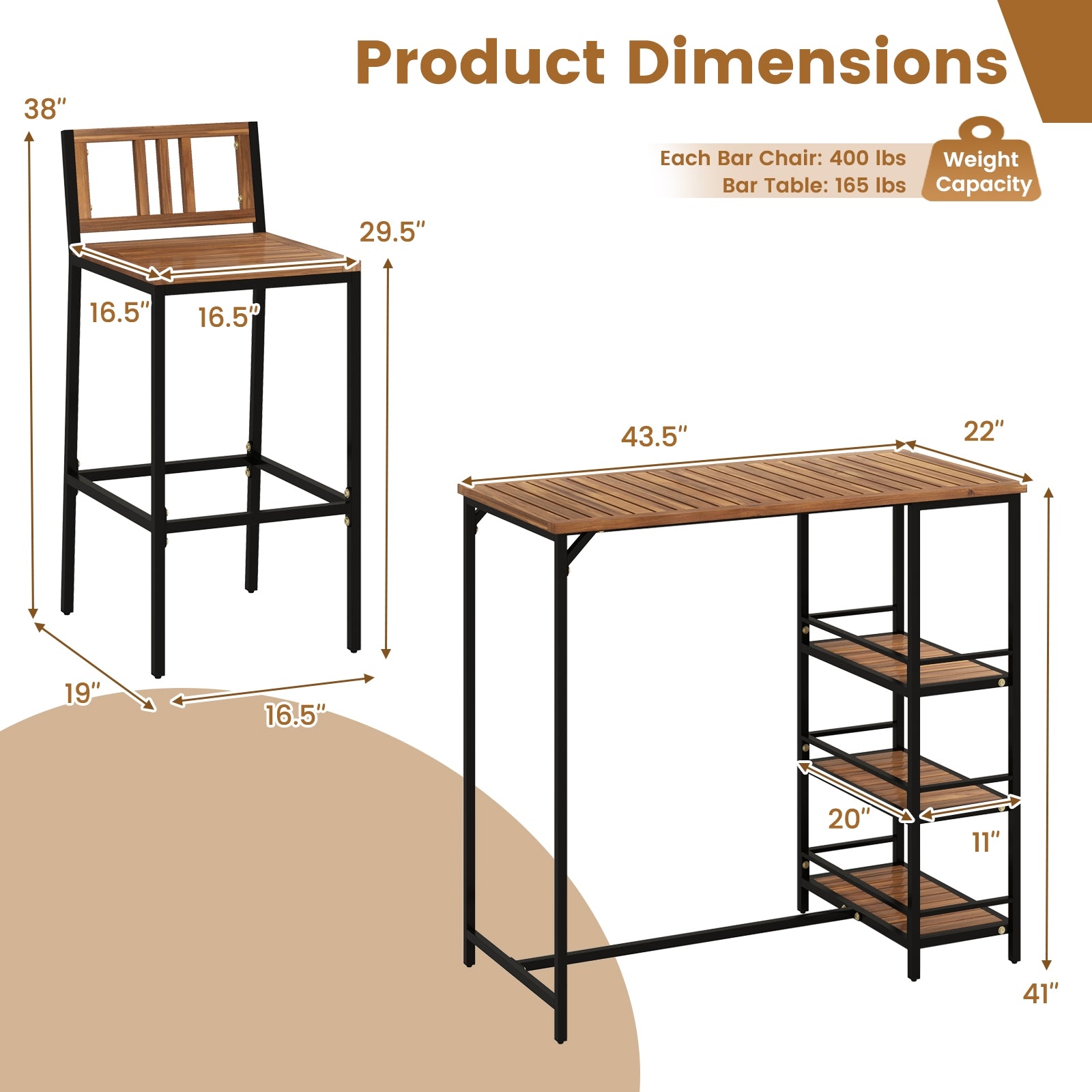 3 Pieces Outdoor Wood Bar Set with 3-Tier Storage Shelf and Metal Frame, Brown Patio Bar Furniture at Gallery Canada