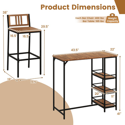 3 Pieces Outdoor Wood Bar Set with 3-Tier Storage Shelf and Metal Frame, Brown Patio Bar Furniture at Gallery Canada