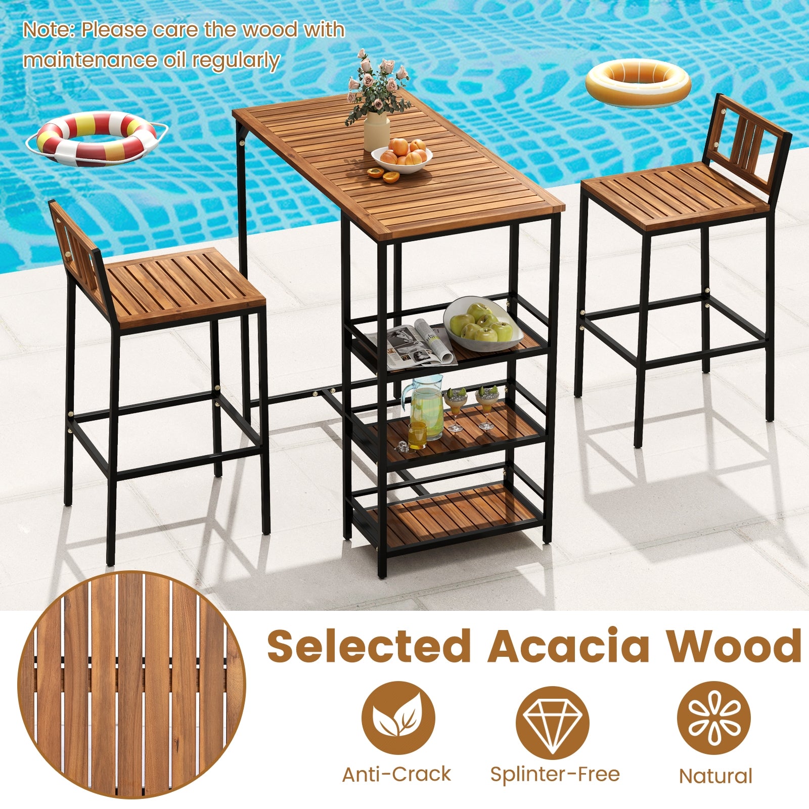 3 Pieces Outdoor Wood Bar Set with 3-Tier Storage Shelf and Metal Frame, Brown Patio Bar Furniture at Gallery Canada