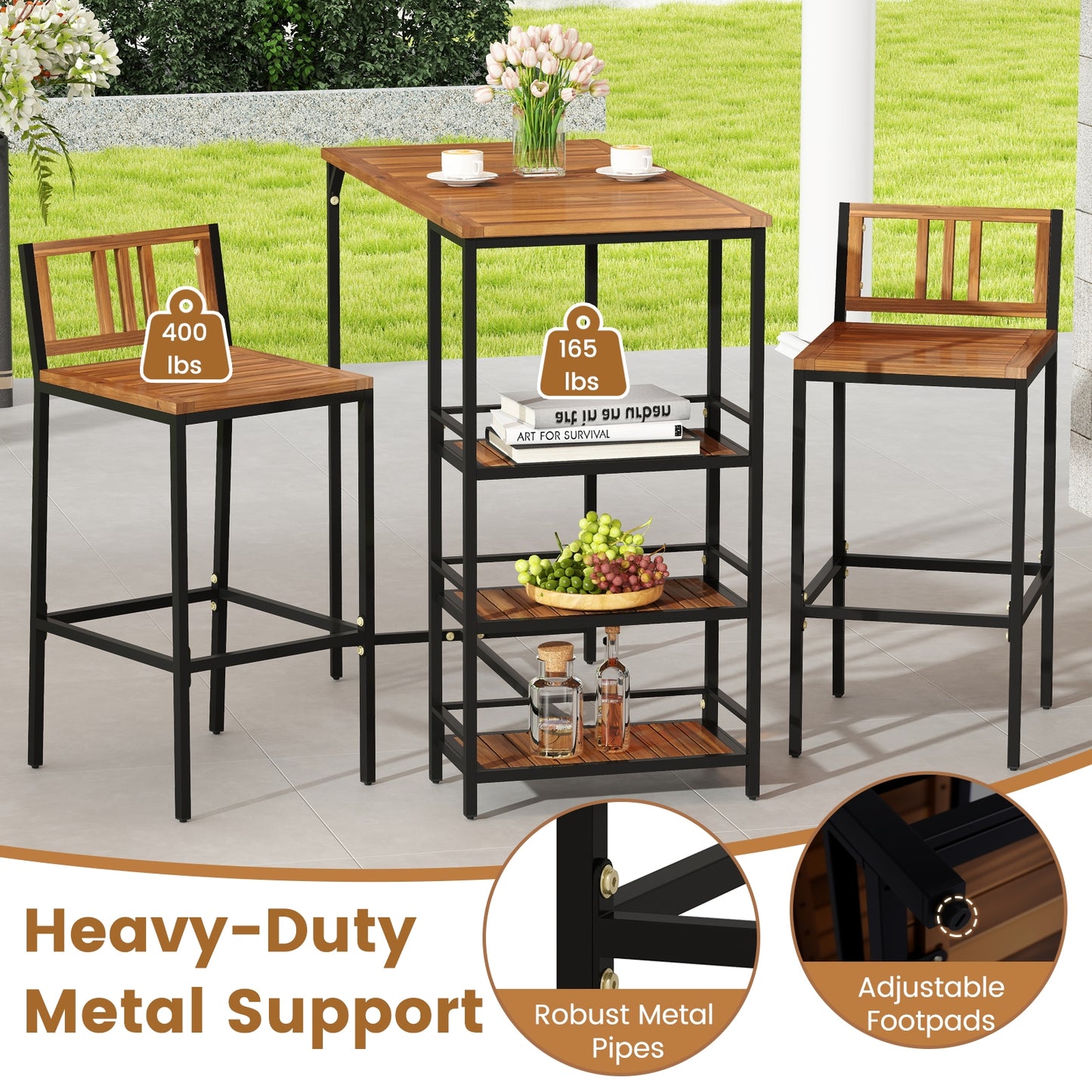 3 Pieces Outdoor Wood Bar Set with 3-Tier Storage Shelf and Metal Frame, Brown Patio Bar Furniture at Gallery Canada