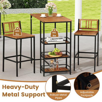 3 Pieces Outdoor Wood Bar Set with 3-Tier Storage Shelf and Metal Frame, Brown Patio Bar Furniture at Gallery Canada