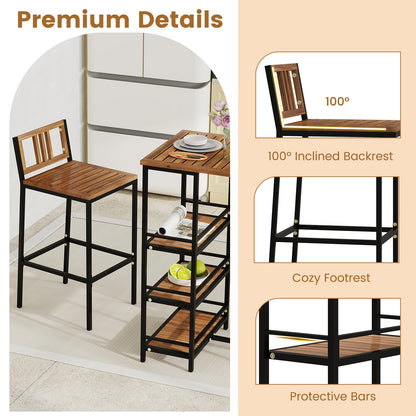 3 Pieces Outdoor Wood Bar Set with 3-Tier Storage Shelf and Metal Frame, Brown Patio Bar Furniture at Gallery Canada