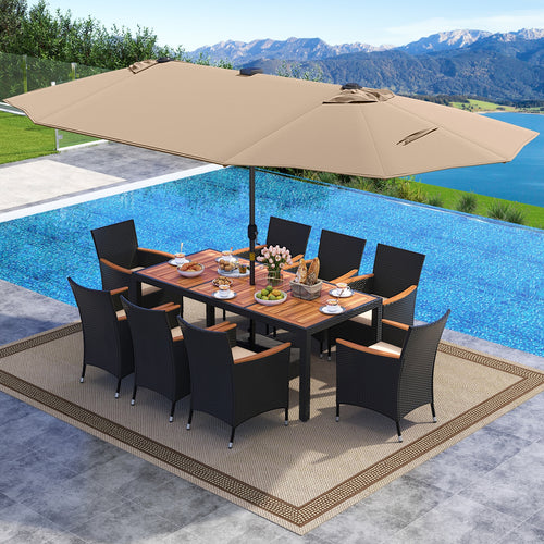 11 Pieces Patio Dining Set with LED Patio Umbrella with Base and Seat Cushions (Beige), Coffee