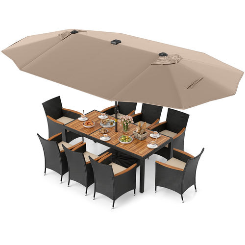11 Pieces Patio Dining Set with LED Patio Umbrella with Base and Seat Cushions (Beige), Coffee