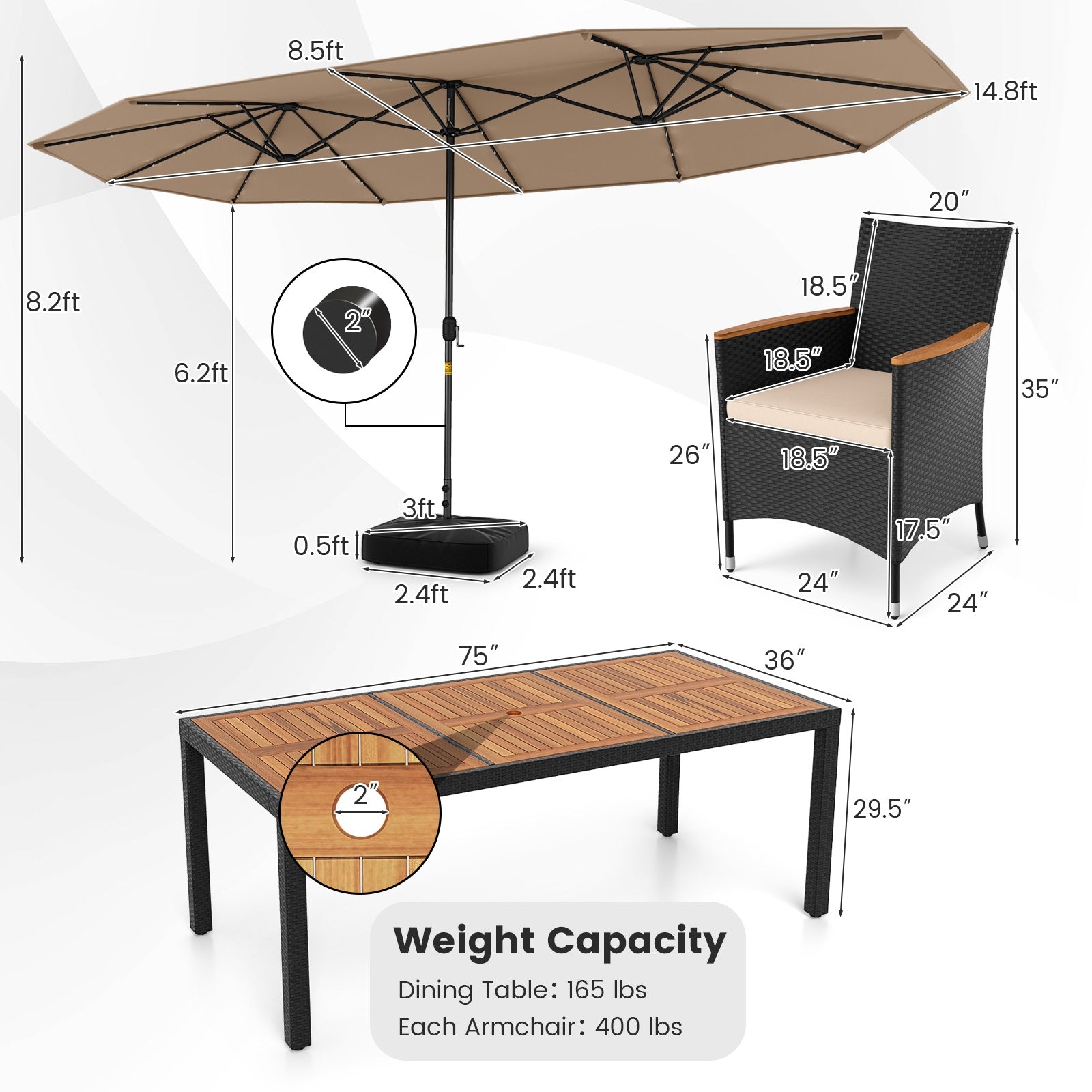 11 Pieces Patio Dining Set with LED Patio Umbrella with Base and Seat Cushions (Beige), Coffee Patio Dining Sets at Gallery Canada