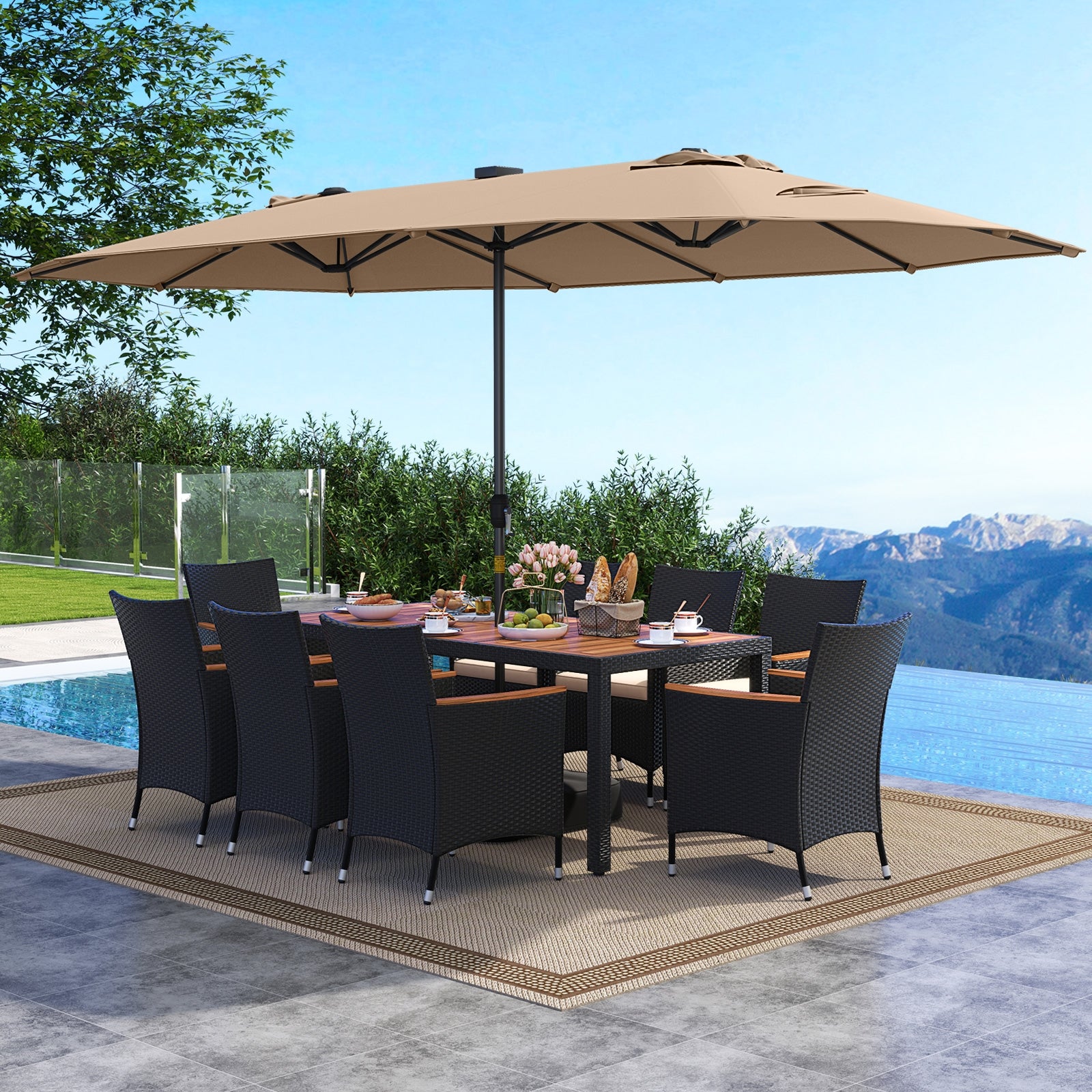 11 Pieces Patio Dining Set with LED Patio Umbrella with Base and Seat Cushions (Beige), Coffee Patio Dining Sets at Gallery Canada