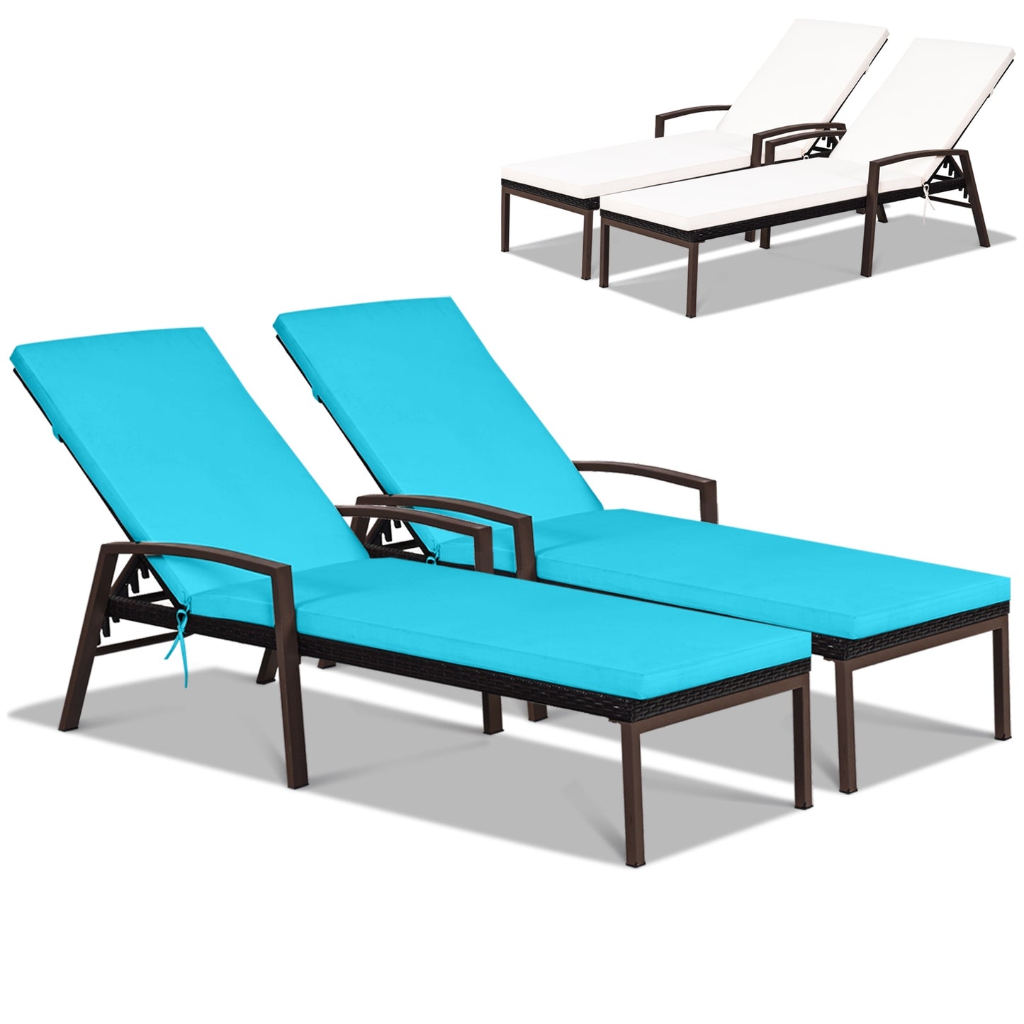 2 Pieces Patio Rattan Reclining Chaise Lounge Chair with Cushion and Armrest-Turquoise and White, Beige & Turquoise Outdoor Chaise Lounges at Gallery Canada