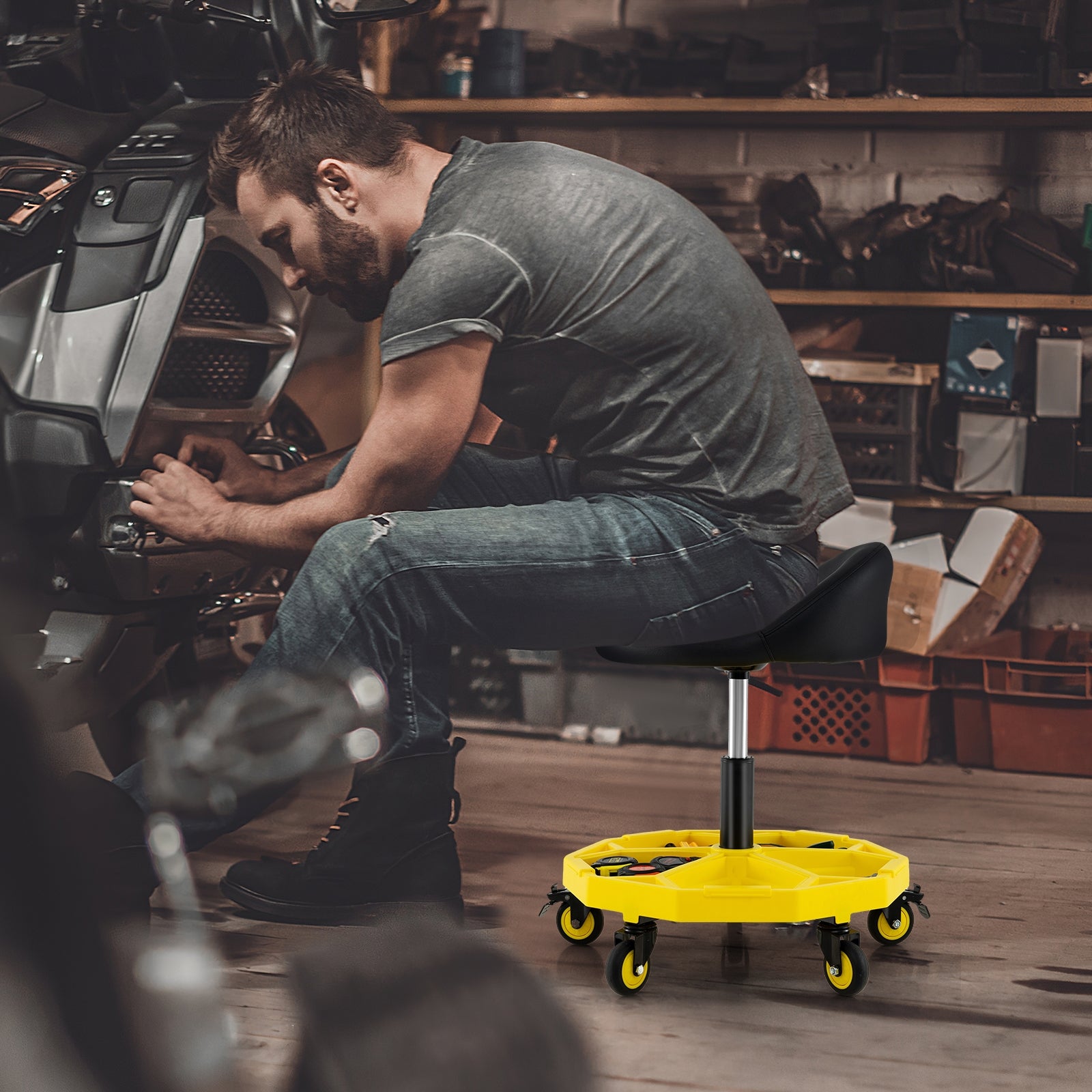 20 Inch-25 Inch Height Adjustable Rolling Garage Stool with Tool Tray Storage, Yellow Garages at Gallery Canada