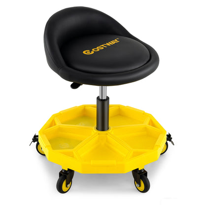 20-25 Inch Adjustable Rolling Garage Stool, Tool Tray Storage, Yellow