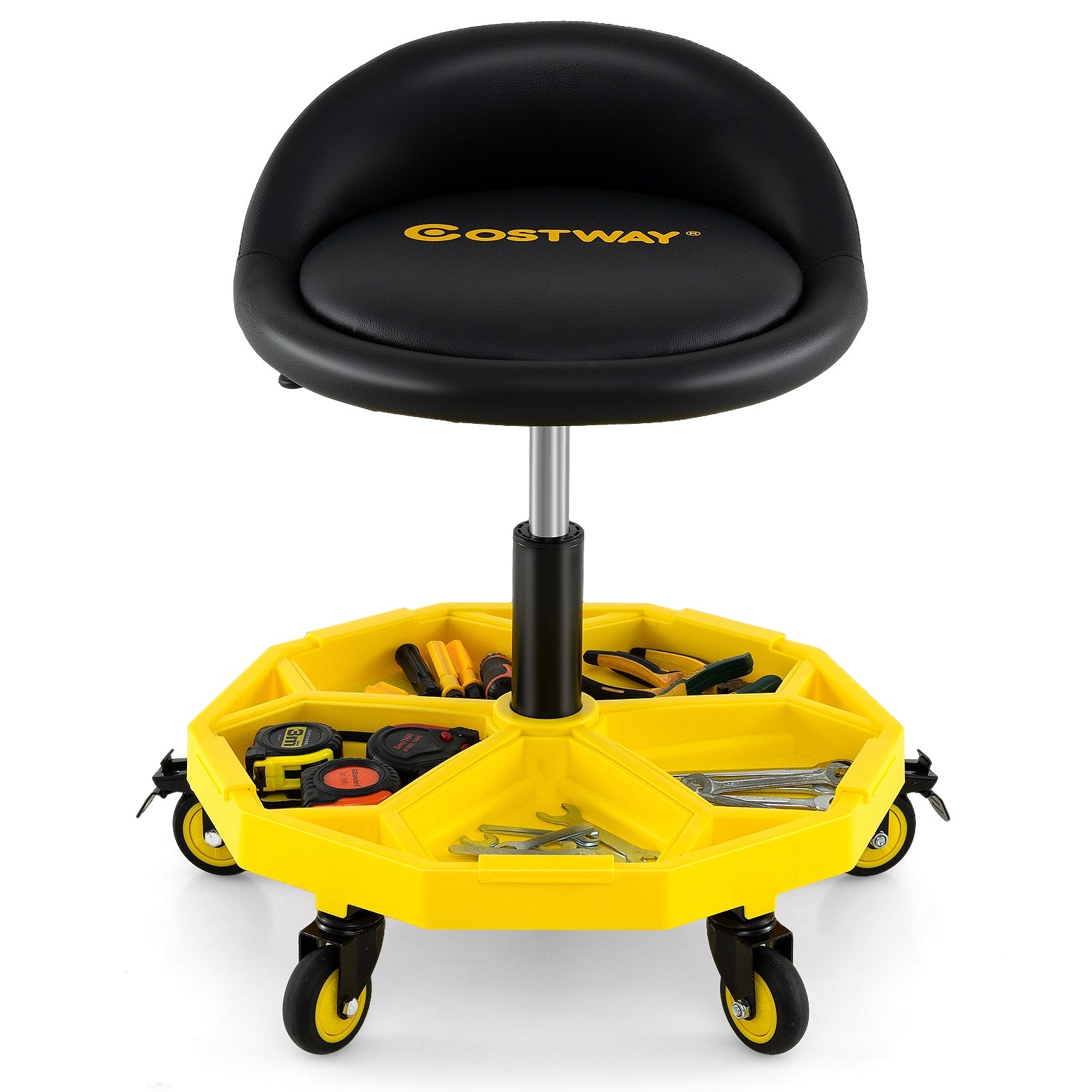 20 Inch-25 Inch Height Adjustable Rolling Garage Stool with Tool Tray Storage, Yellow Garages at Gallery Canada
