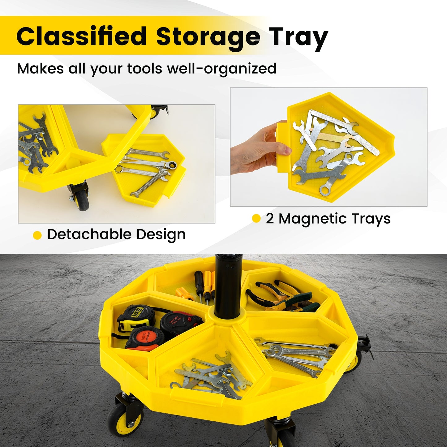 20 Inch-25 Inch Height Adjustable Rolling Garage Stool with Tool Tray Storage, Yellow Garages at Gallery Canada