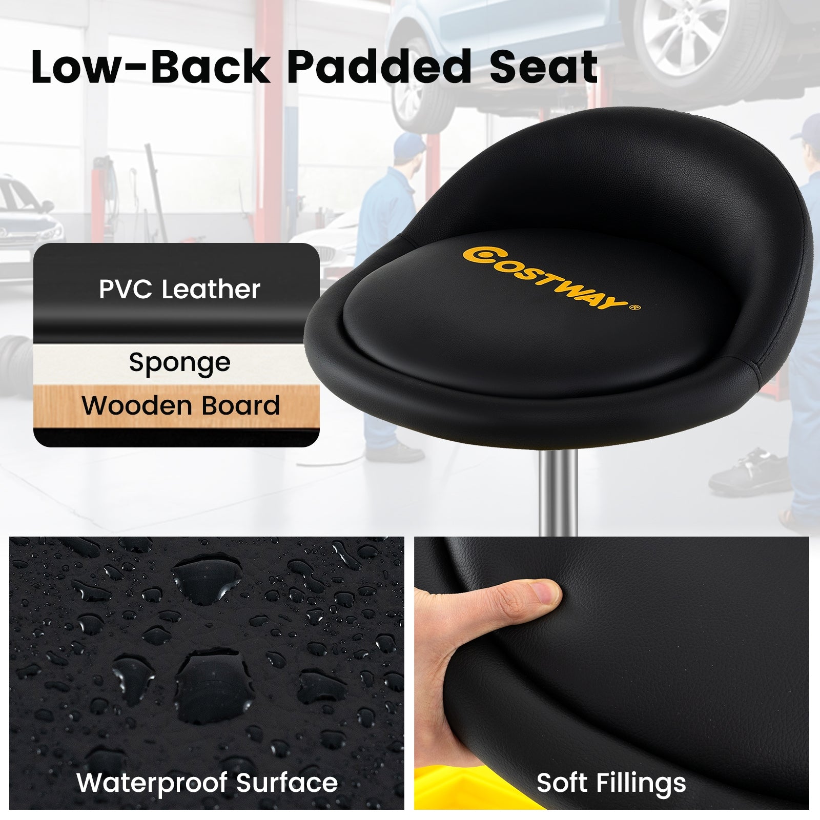 20 Inch-25 Inch Height Adjustable Rolling Garage Stool with Tool Tray Storage, Yellow Garages at Gallery Canada