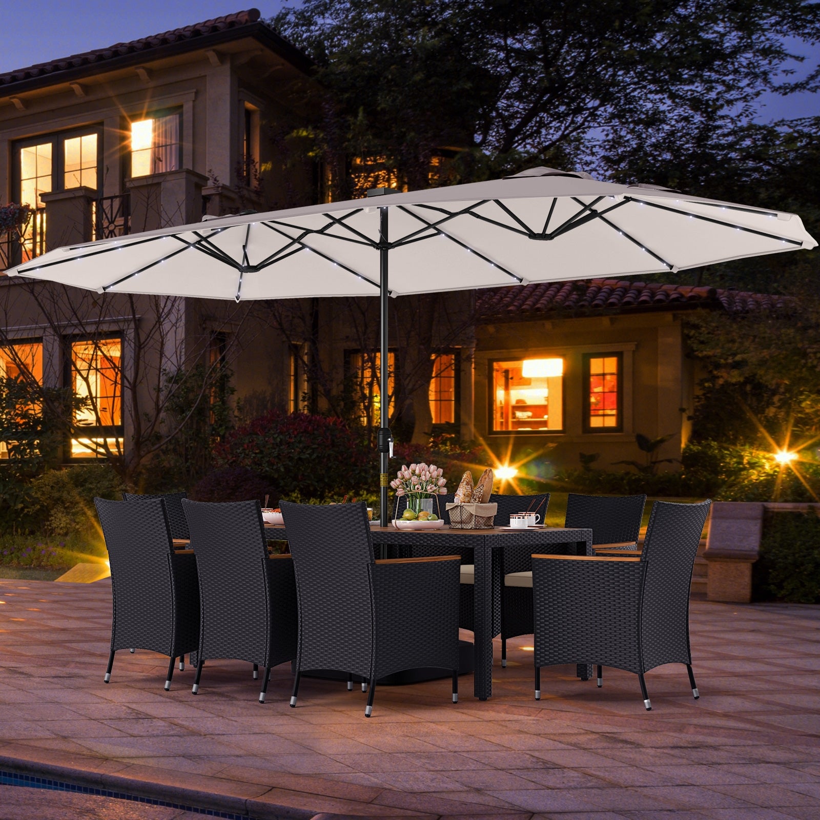 11 Pieces Patio Dining Set with LED Patio Umbrella with Base and Seat Cushions (Beige), Beige Patio Dining Sets at Gallery Canada