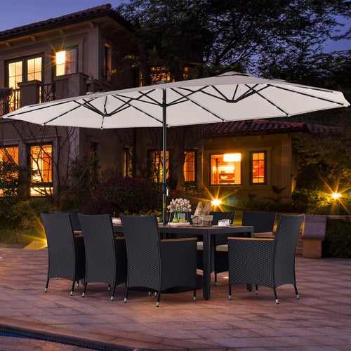 11 Pieces Patio Dining Set with LED Patio Umbrella with Base and Seat Cushions (Beige), Beige