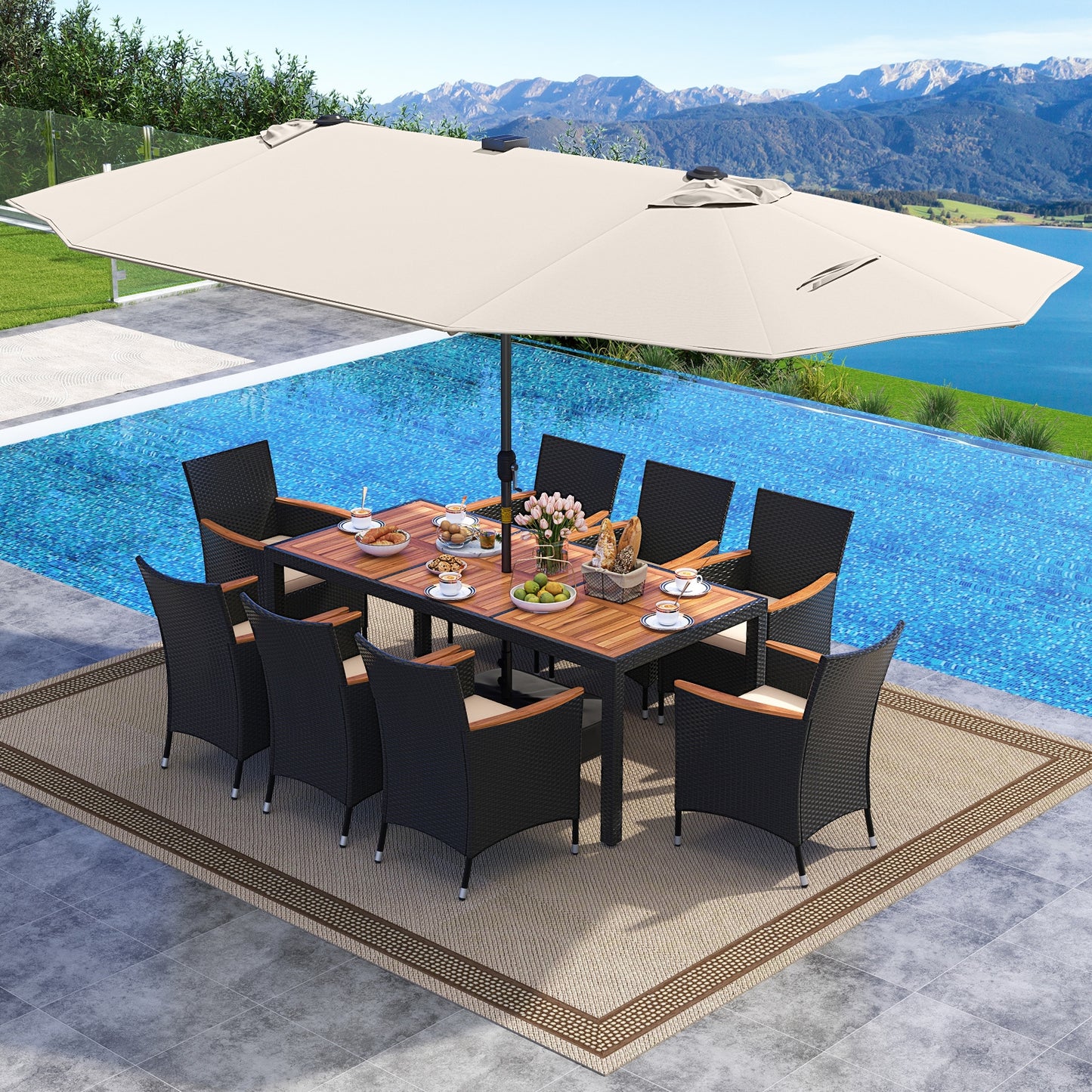 11 Pieces Patio Dining Set with LED Patio Umbrella with Base and Seat Cushions (Beige), Beige Patio Dining Sets at Gallery Canada