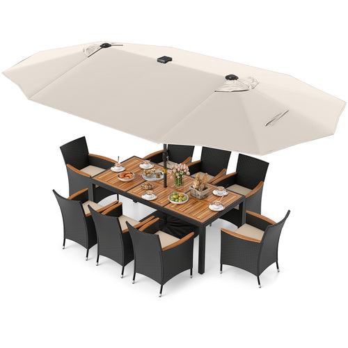 11 Pieces Patio Dining Set with LED Patio Umbrella with Base and Seat Cushions (Beige), Beige