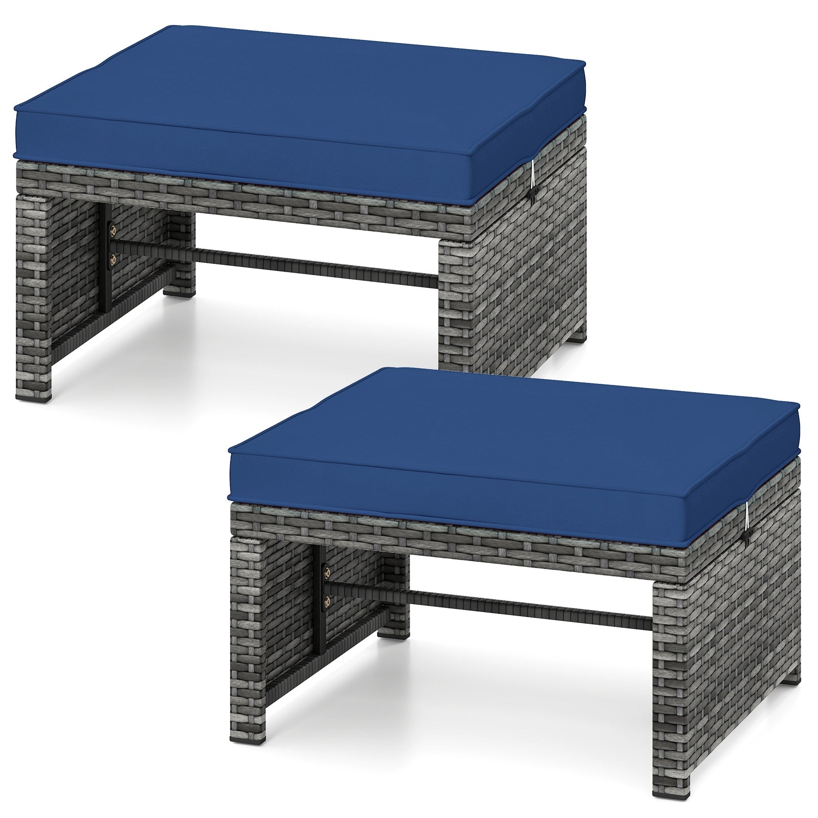 Patio PE Rattan Ottomans, 2 Pieces, Soft Zippered Cushions, Navy Outdoor Seating & Patio Chairs Navy at Gallery Canada