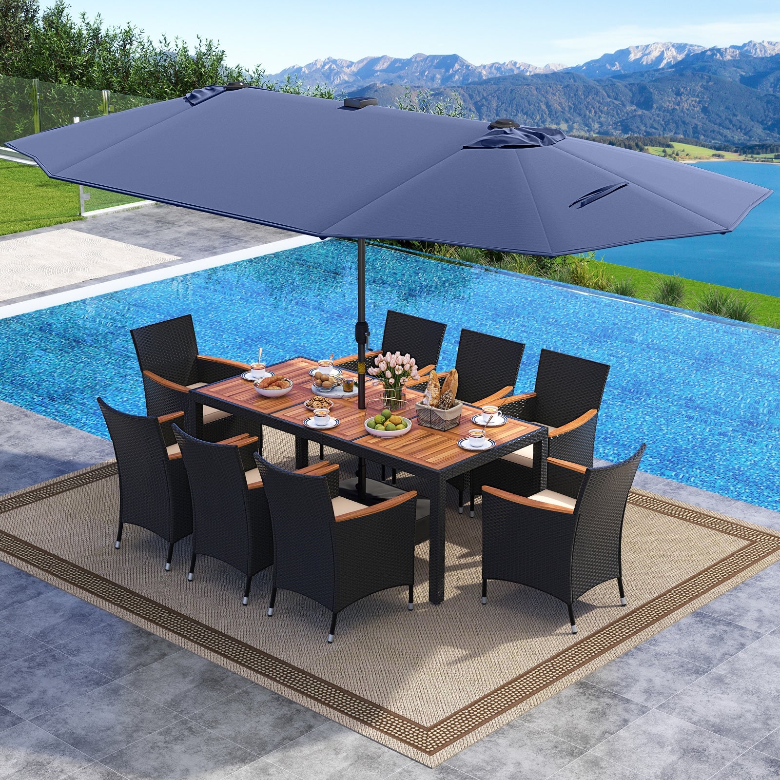 11 Pieces Patio Dining Set with LED Patio Umbrella with Base and Seat Cushions (Beige), Navy Patio Dining Sets at Gallery Canada