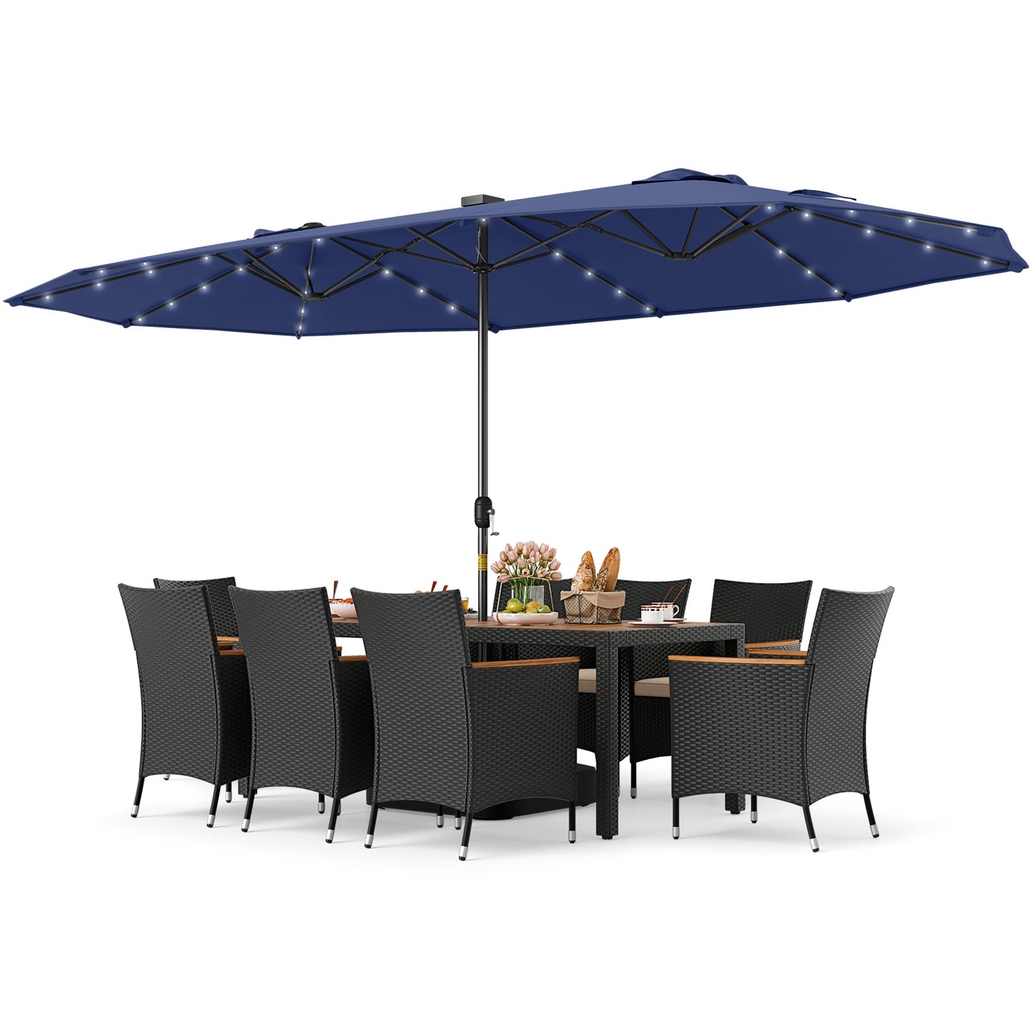 11 Pieces Patio Dining Set with LED Patio Umbrella with Base and Seat Cushions (Beige), Navy Patio Dining Sets at Gallery Canada