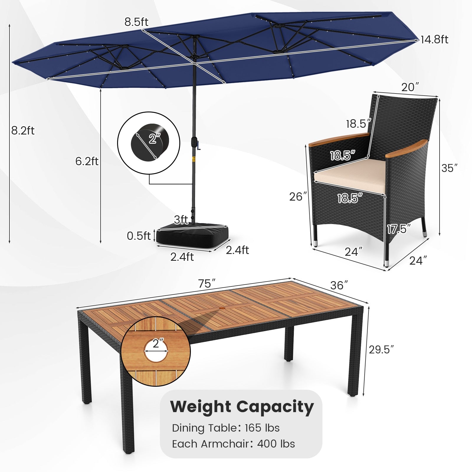 11 Pieces Patio Dining Set with LED Patio Umbrella with Base and Seat Cushions (Beige), Navy Patio Dining Sets at Gallery Canada