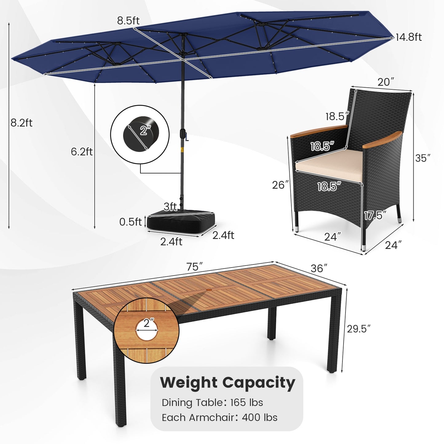 11 Pieces Patio Dining Set with LED Patio Umbrella with Base and Seat Cushions (Beige), Navy Patio Dining Sets at Gallery Canada