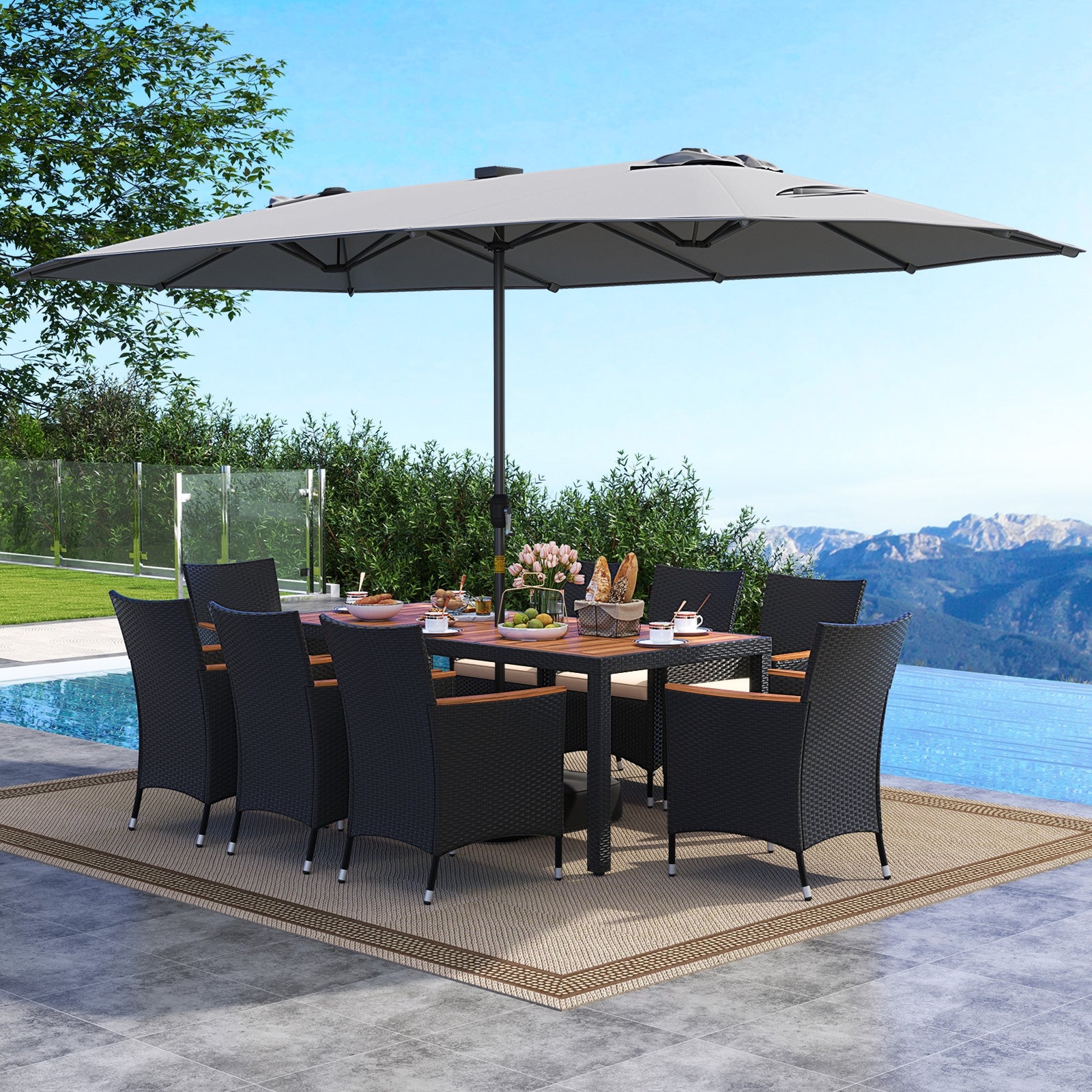 11 Pieces Patio Dining Set with LED Patio Umbrella with Base and Seat Cushions (Beige), Gray Patio Dining Sets at Gallery Canada
