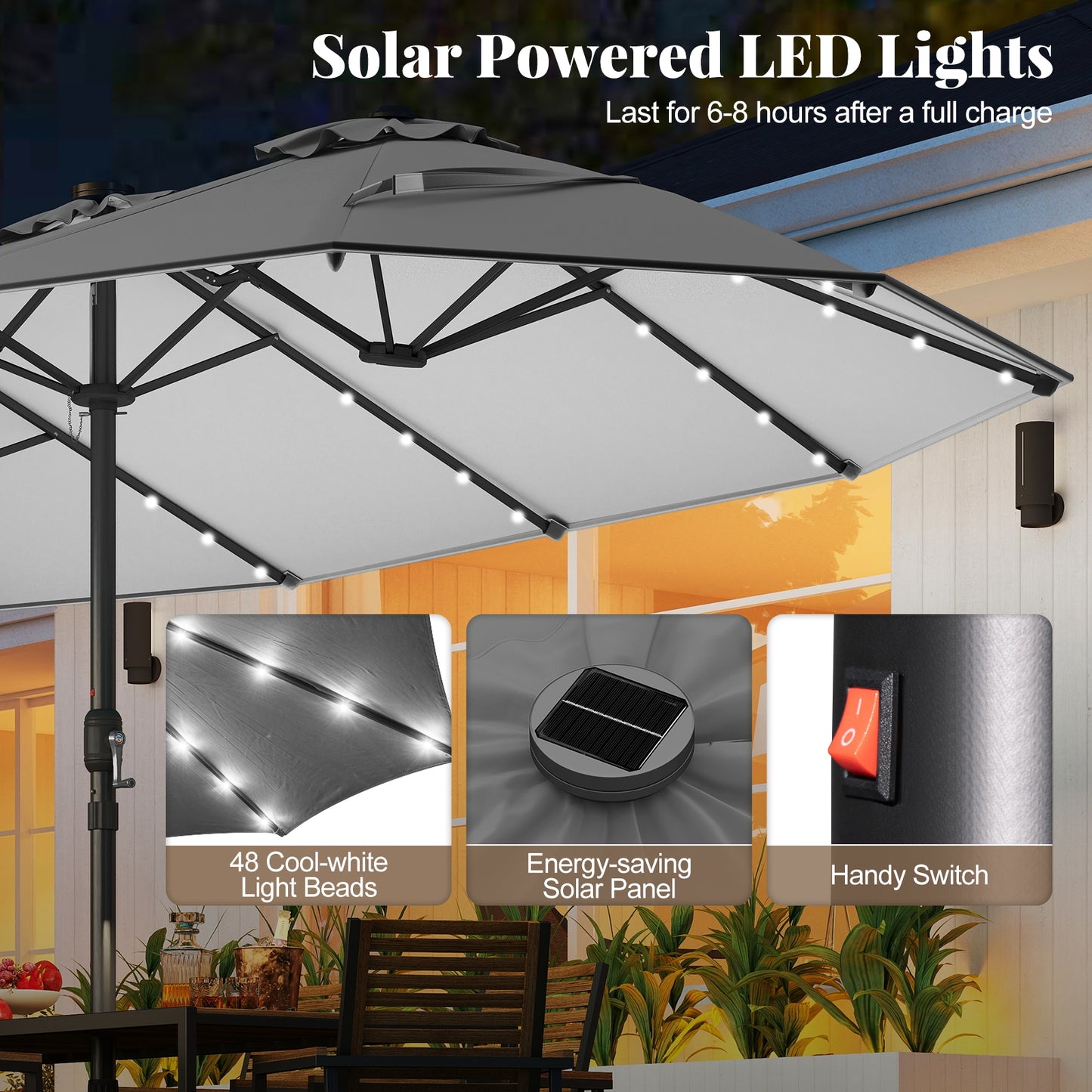 11 Pieces Patio Dining Set with LED Patio Umbrella with Base and Seat Cushions (Beige), Gray Patio Dining Sets at Gallery Canada