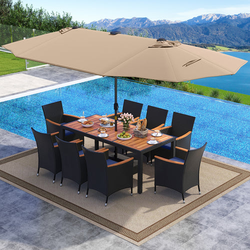 11 Piece Patio Dining Set With LED Umbrella, Coffee, Navy
