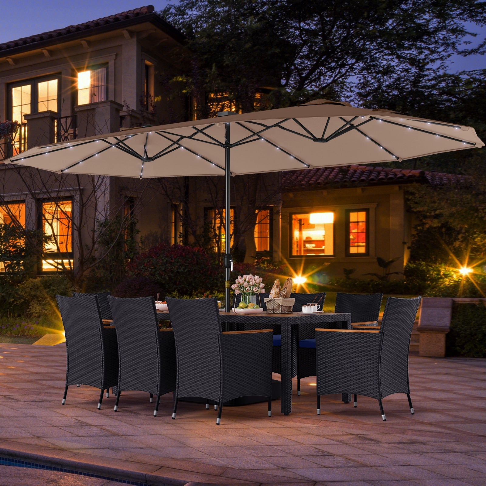 11 Piece Patio Dining Set With LED Umbrella, Coffee, Navy Patio Dining Sets at Gallery Canada