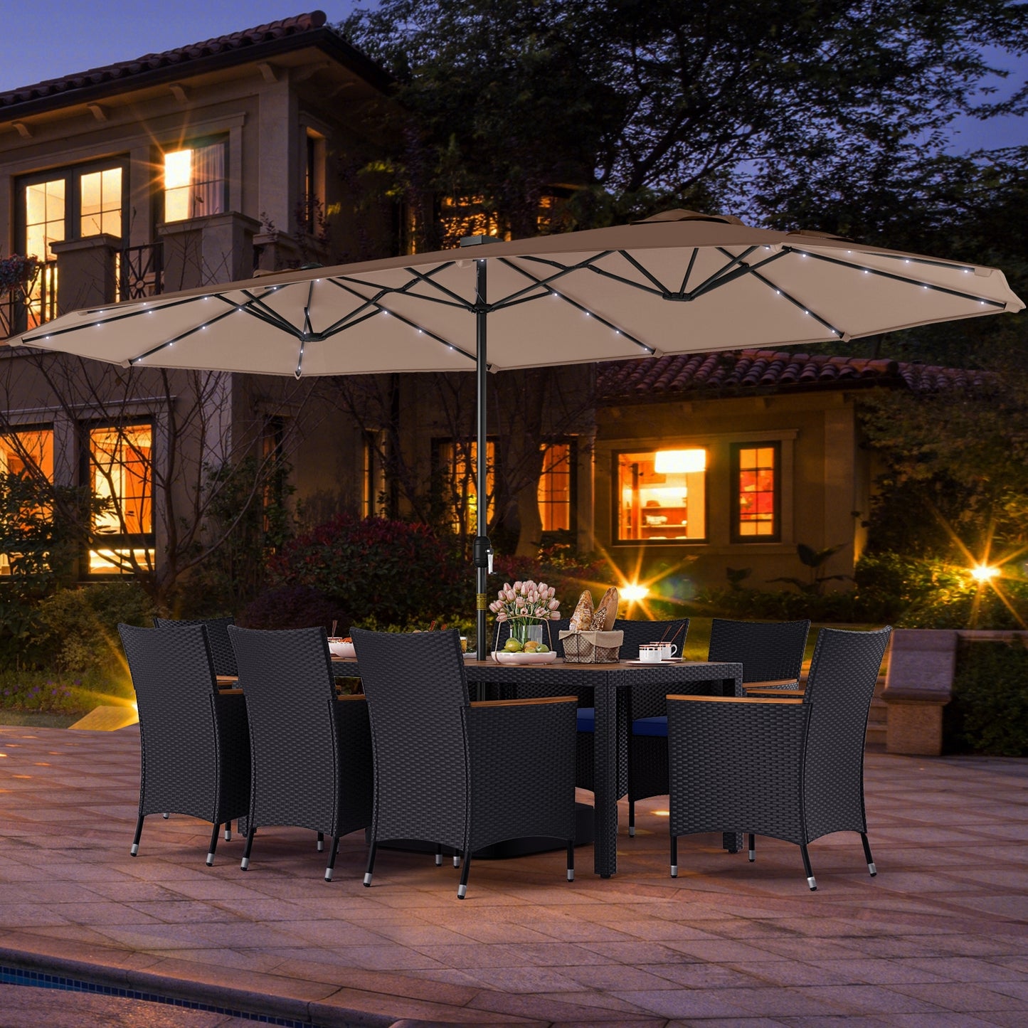 11 Piece Patio Dining Set With LED Umbrella, Coffee, Navy Patio Dining Sets at Gallery Canada
