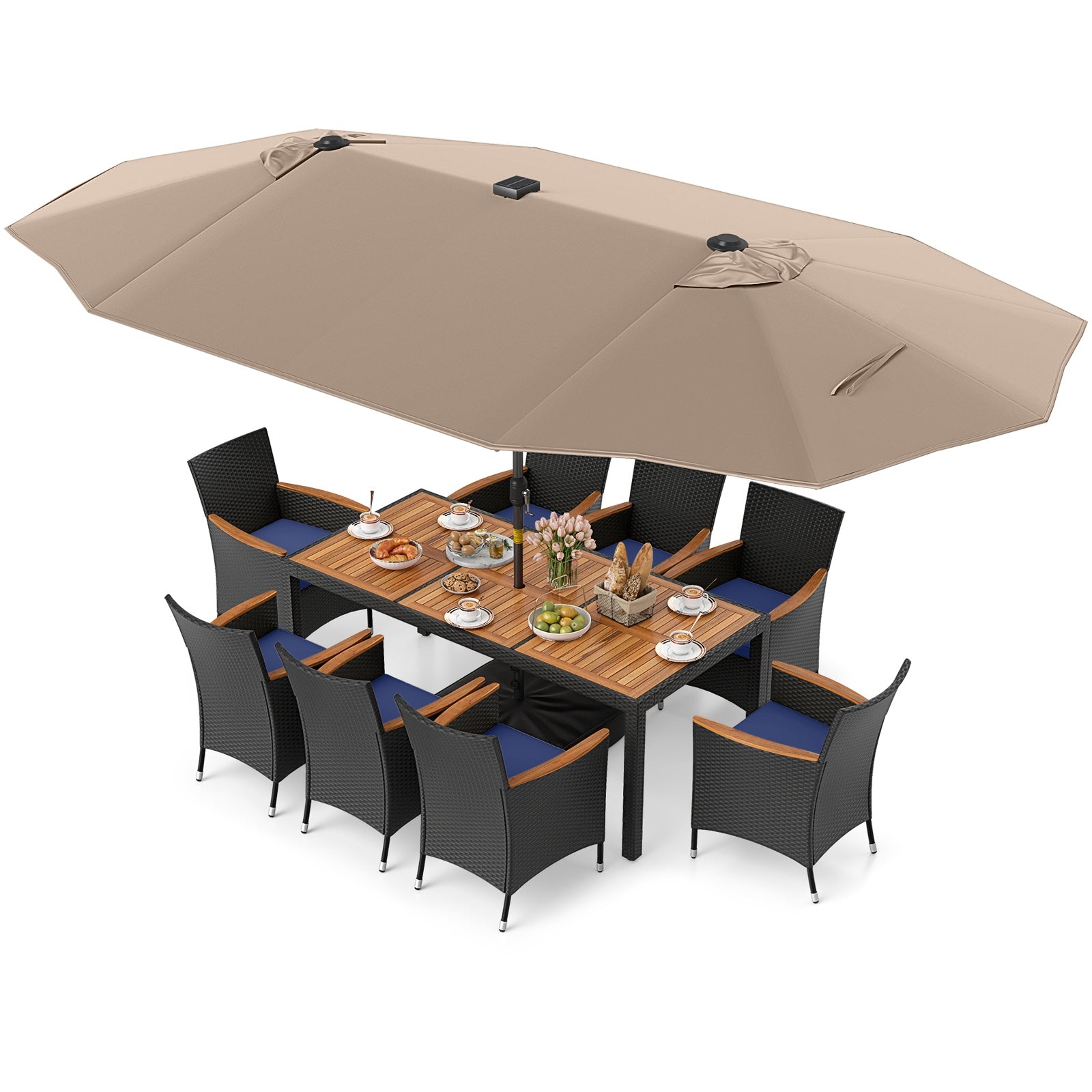 11 Piece Patio Dining Set With LED Umbrella, Coffee, Navy Patio Dining Sets Coffee at Gallery Canada