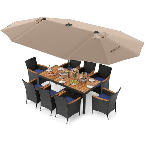 11 Piece Patio Dining Set With LED Umbrella, Coffee, Navy