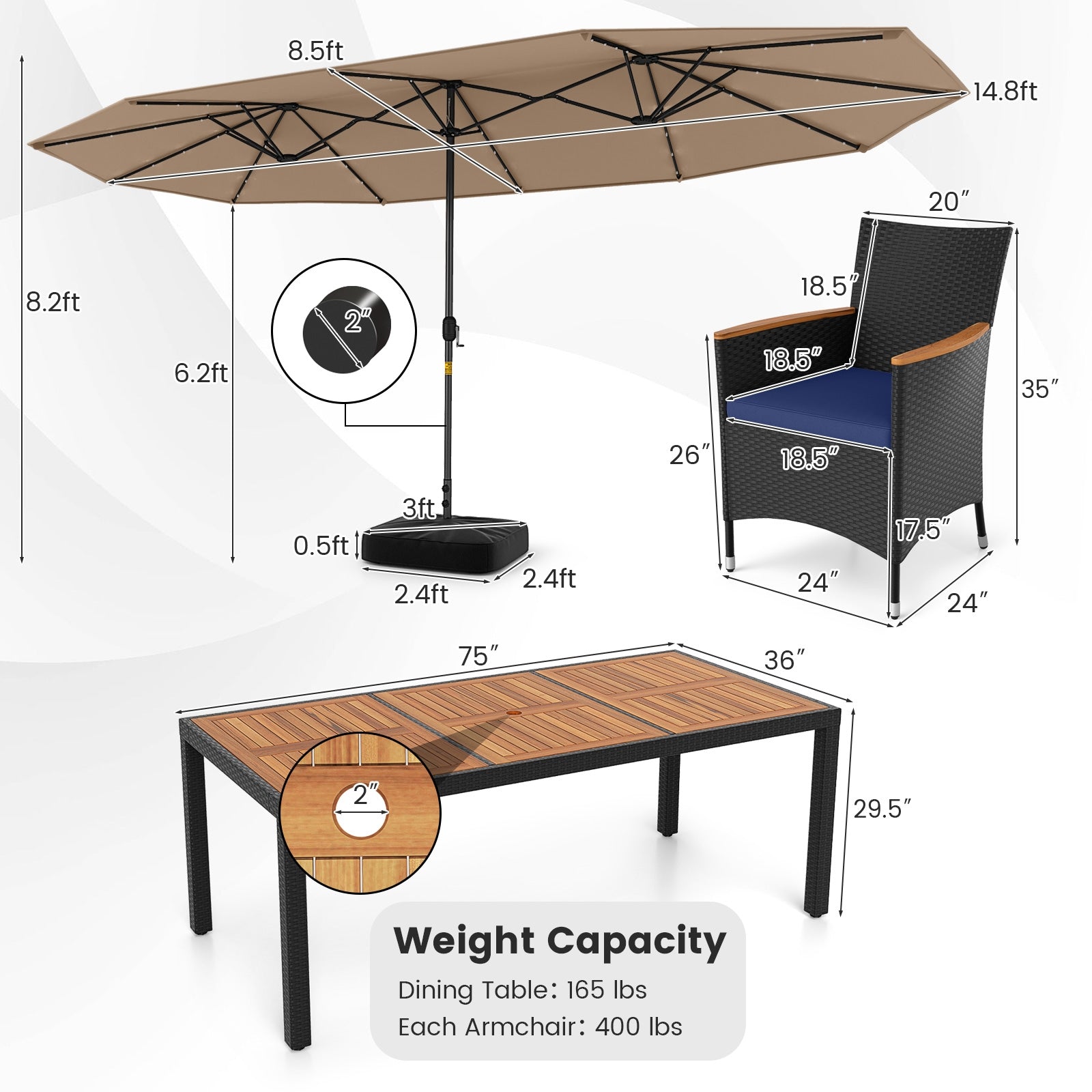 11 Piece Patio Dining Set With LED Umbrella, Coffee, Navy Patio Dining Sets at Gallery Canada