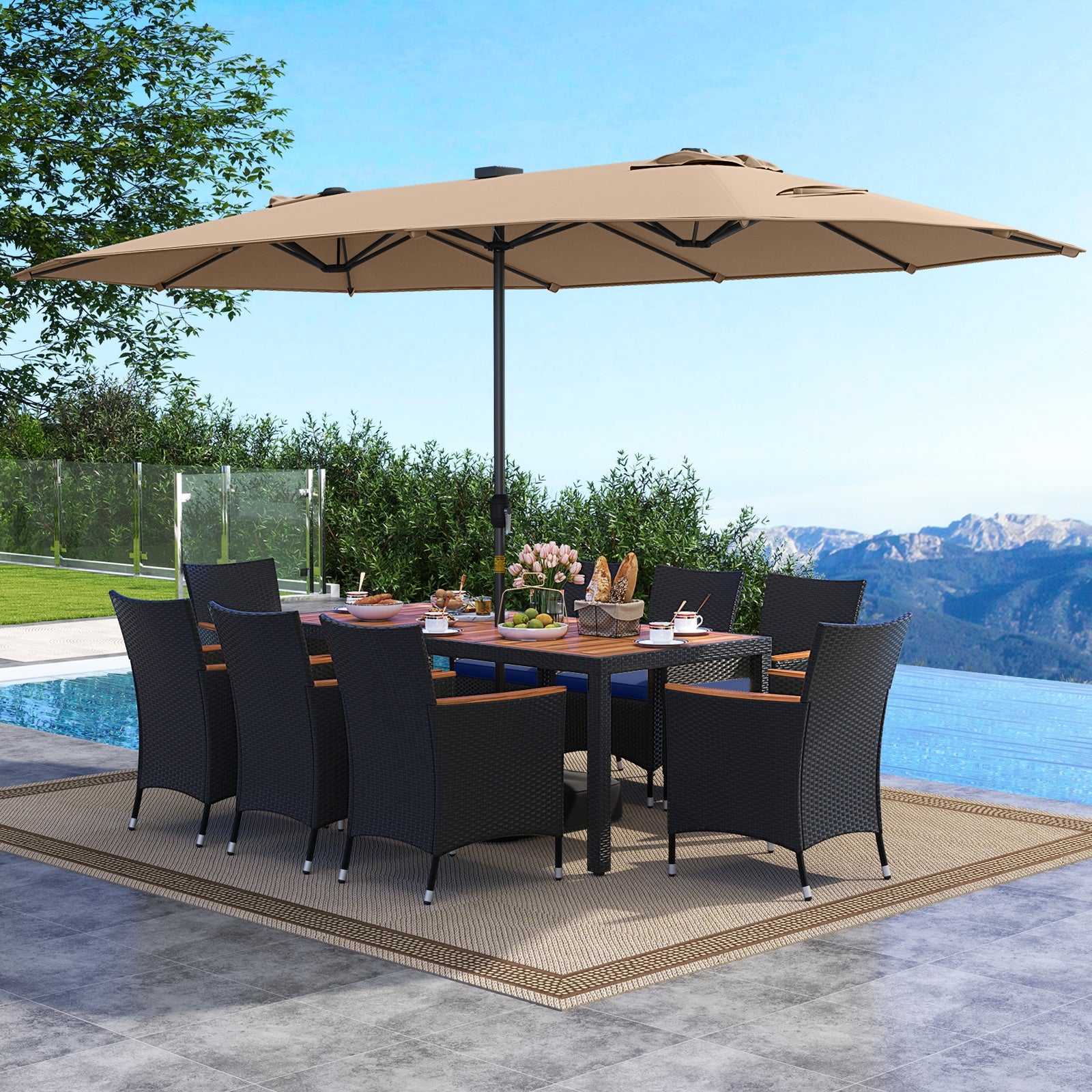 11 Piece Patio Dining Set With LED Umbrella, Coffee, Navy Patio Dining Sets at Gallery Canada