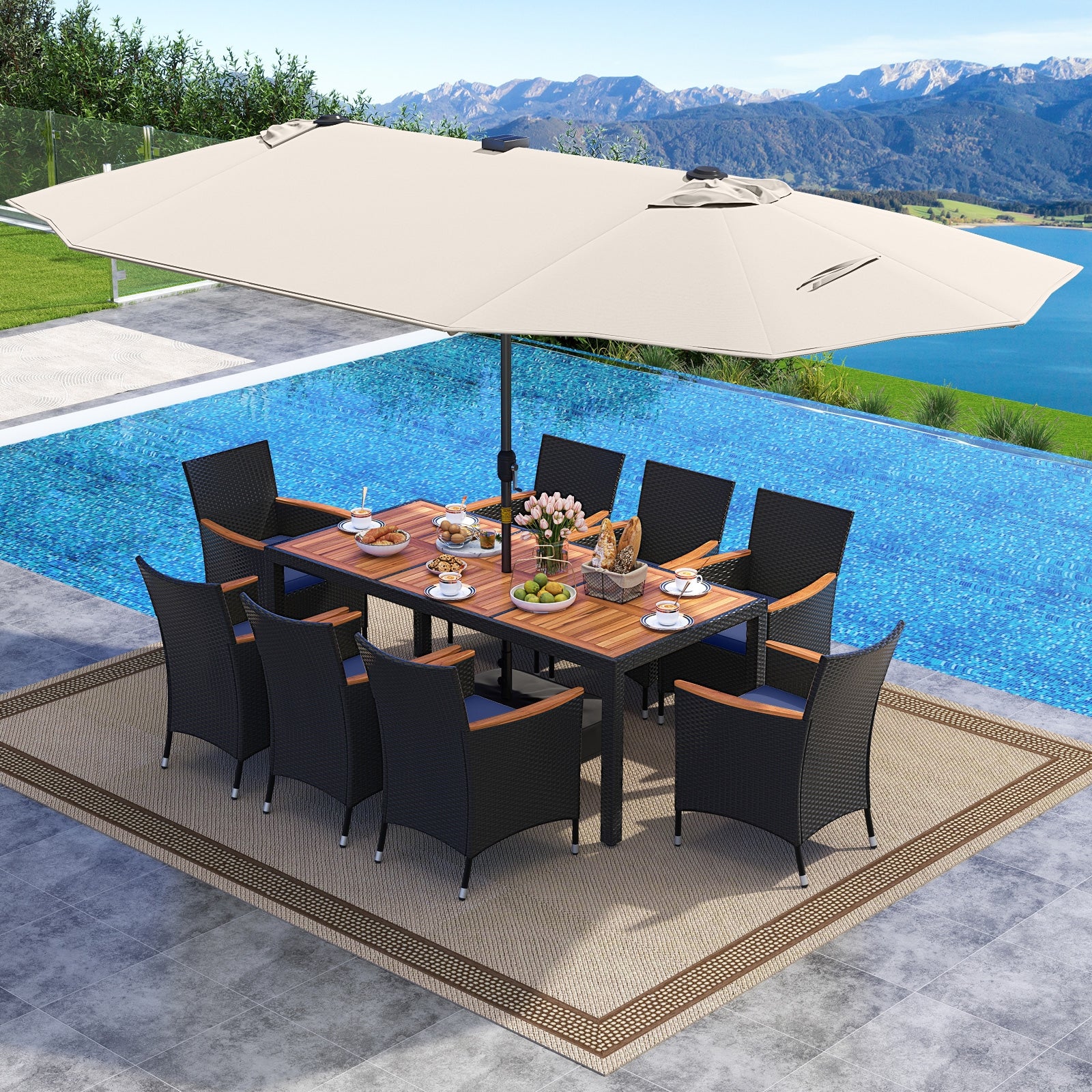 11 Piece Patio Dining Set, LED Umbrella With Base, Beige, Navy Patio Dining Sets at Gallery Canada