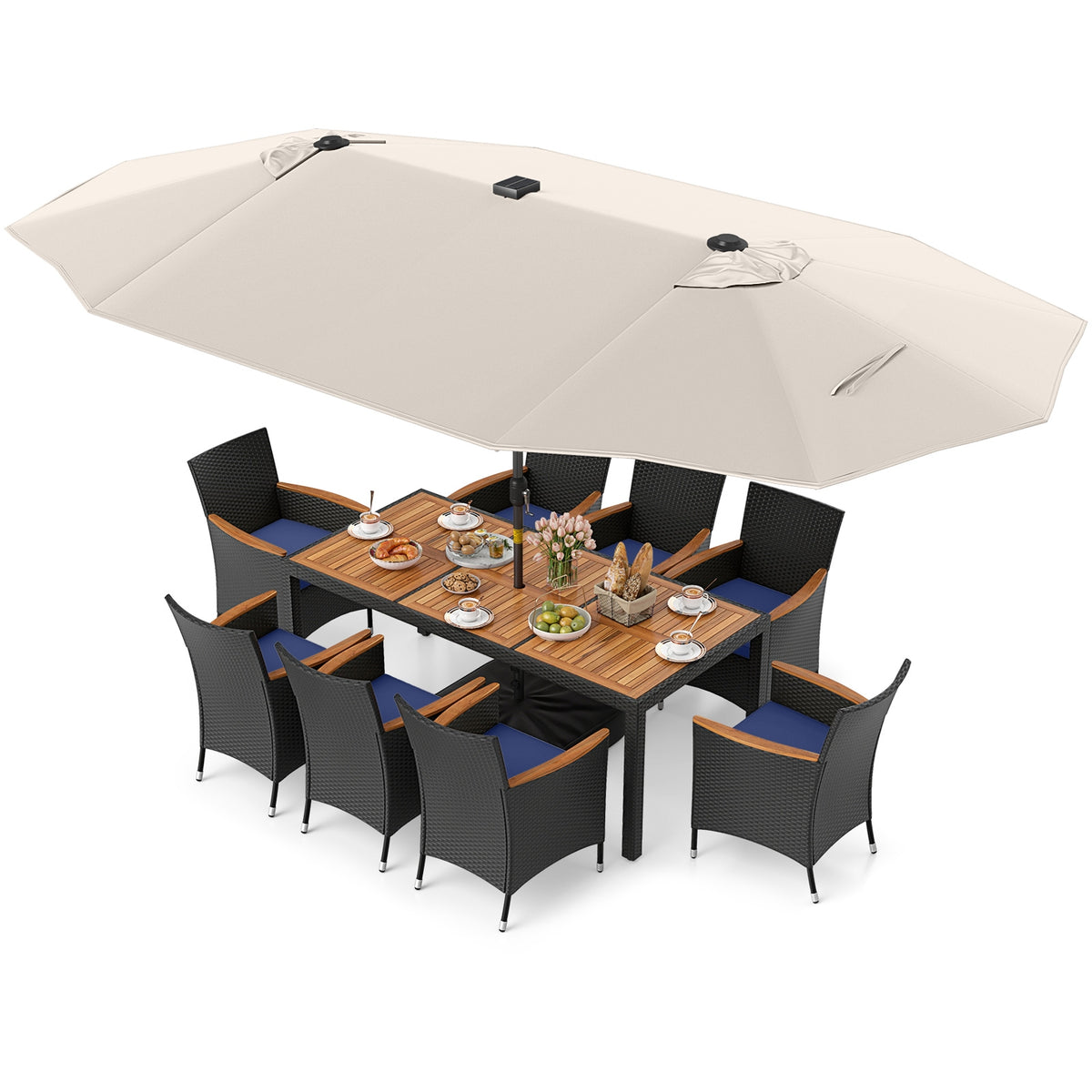 11 Piece Patio Dining Set, LED Umbrella With Base, Beige, Navy Patio Dining Sets Beige at Gallery Canada